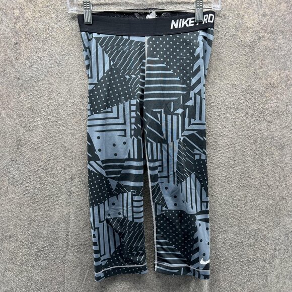 Nike Pro Pants Womens Small Black Gray Dri-FIT 3/4 Compression Leggings Athletic - Picture 1 of 11